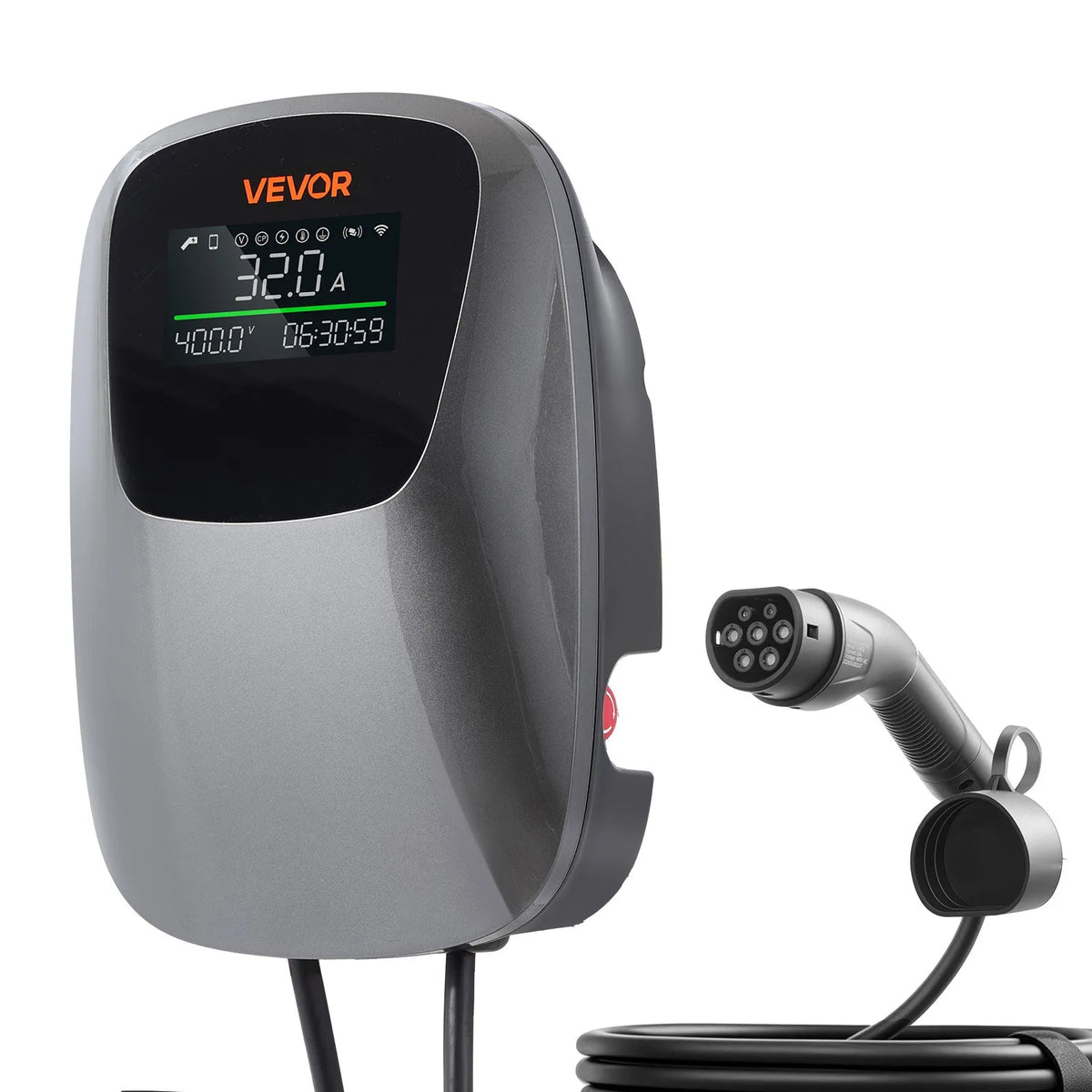VEVOR 22 kW three-phase electric vehicle charging station with a Type 2 connector, CEE 32 A, 400 V, app control, digital display, and IP65 rating