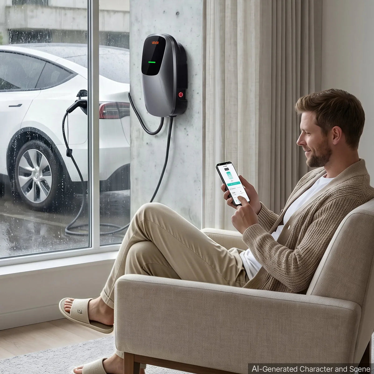 VEVOR 22 kW trīsfāžu elektroautomobiļu uzlādes stacija ar Type 2 savienotāju, 7,5 m kabeli, 400 V, 32 A, lietotnes attālināto vadību, LED indikatoru un IP65