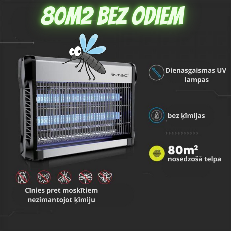СУПЕРАКЦИЯ. 20Вт(2х10Вт) V-TAC Электрический уничтожитель насекомых, 397x93.5x280мм, площадь 80м², -20° +45°, длина шнура 1м