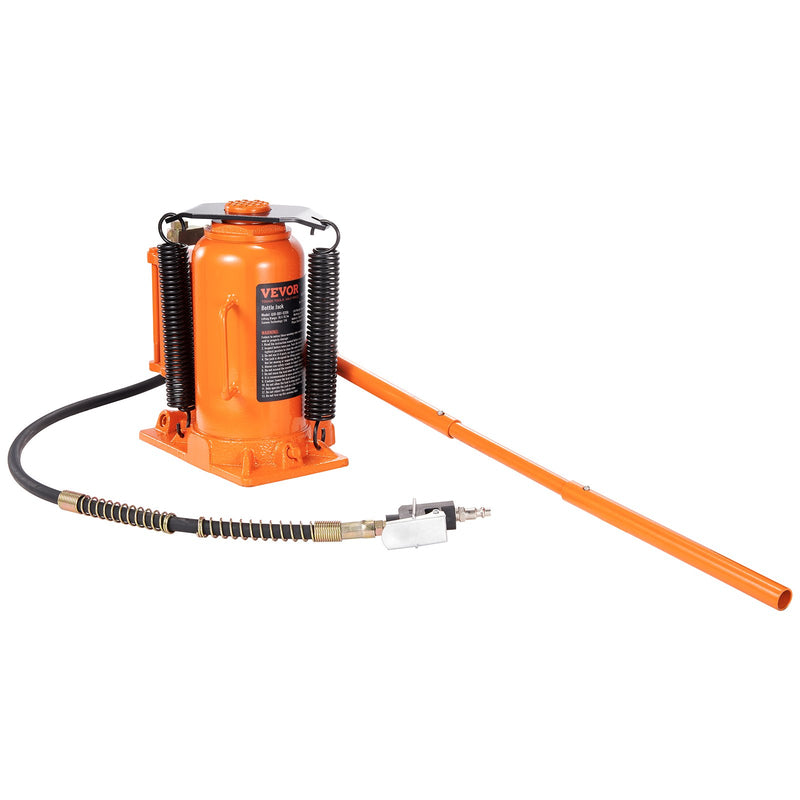 VEVOR pneumaatiline hüdrauliline pudelitõstuk 20 t, 265-500 mm tõstevõime, käepidemega ja õhupumbaga - autodele, veoautodele, matkaautodele ja tööstuslikele rakendustele.