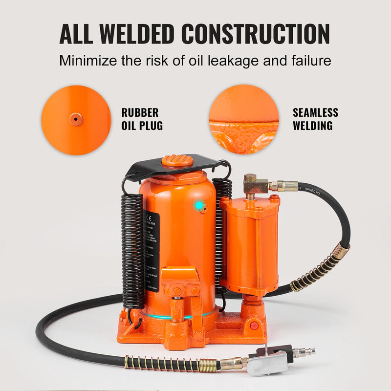 VEVOR pneumaatiline hüdrauliline pudelitõstuk 20 t, 265-500 mm tõstevõime, käepidemega ja õhupumbaga - autodele, veoautodele, matkaautodele ja tööstuslikele rakendustele.