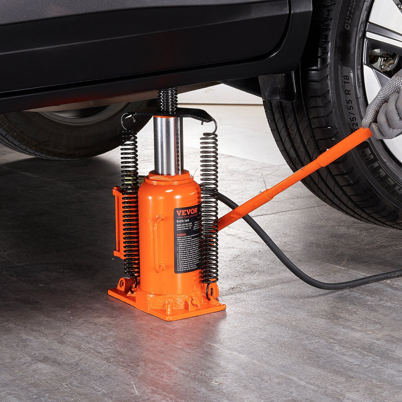 VEVOR pneumaatiline hüdrauliline pudelitõstuk 20 t, 265-500 mm tõstevõime, käepidemega ja õhupumbaga - autodele, veoautodele, matkaautodele ja tööstuslikele rakendustele.