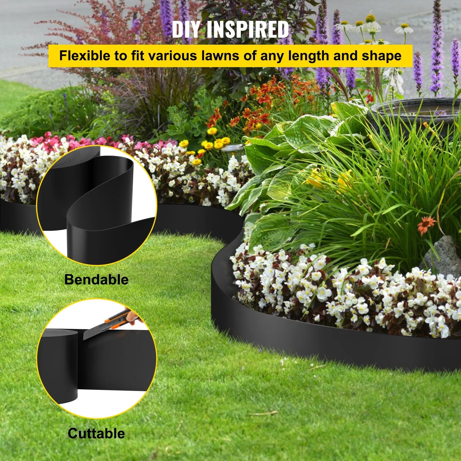 VEVOR ainavu apmale, 254 mm augstums, 45,7 m kopējais garums, pārstrādāta HDPE spirālveida terases mala, lokāma dārza un zāliena apmale ainavu veidošanai, pagalmam un dārzam, aizsardzībai pret nezāļu izplatīšanos, melna