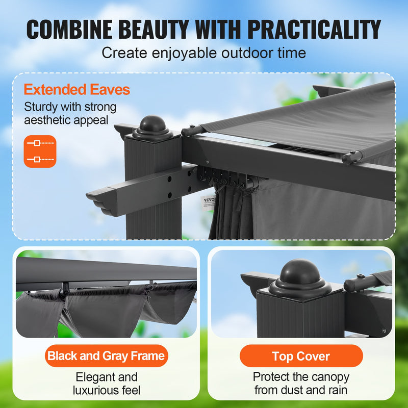 VEVOR 3 x 3 m outdoor retractable pergola with parasol, with heavy aluminium alloy frame, grey