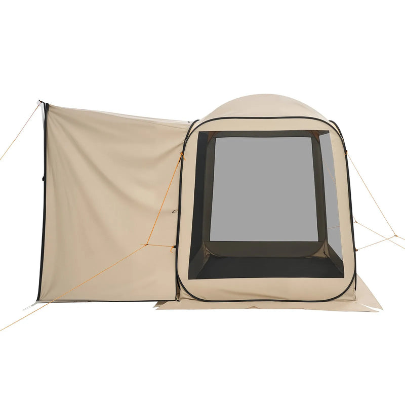 VEVOR sietveida lapene-telts SUV aizmugures durvīm, 183 × 183 × 220 cm, uznirstoša telts 4–6 personām, pārnēsājama nojume ar sieta sāniem un pārnēsāšanas somu, piemērota auto kempingam, dārzam un āra aktivitātēm, bēša