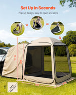 VEVOR sietveida lapene-telts SUV aizmugures durvīm, 183 × 183 × 220 cm, uznirstoša telts 4–6 personām, pārnēsājama nojume ar sieta sāniem un pārnēsāšanas somu, piemērota auto kempingam, dārzam un āra aktivitātēm, bēša