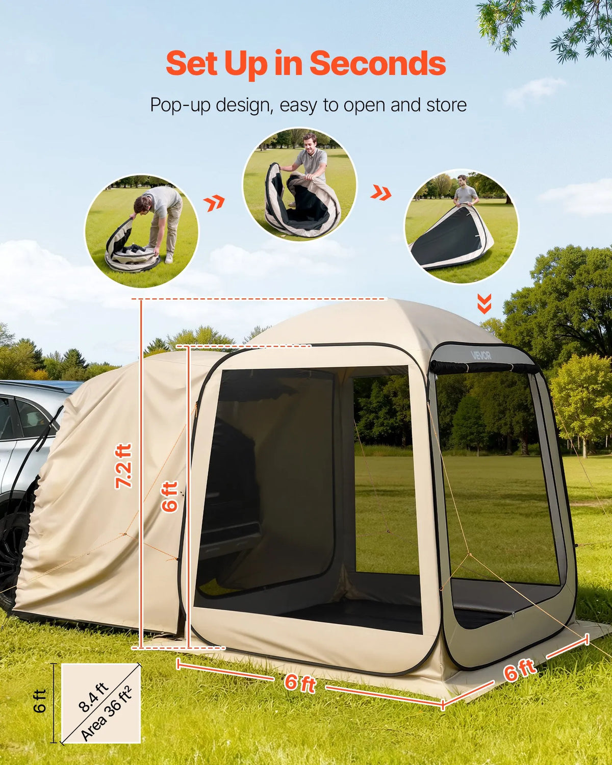 VEVOR sietveida lapene-telts SUV aizmugures durvīm, 183 × 183 × 220 cm, uznirstoša telts 4–6 personām, pārnēsājama nojume ar sieta sāniem un pārnēsāšanas somu, piemērota auto kempingam, dārzam un āra aktivitātēm, bēša