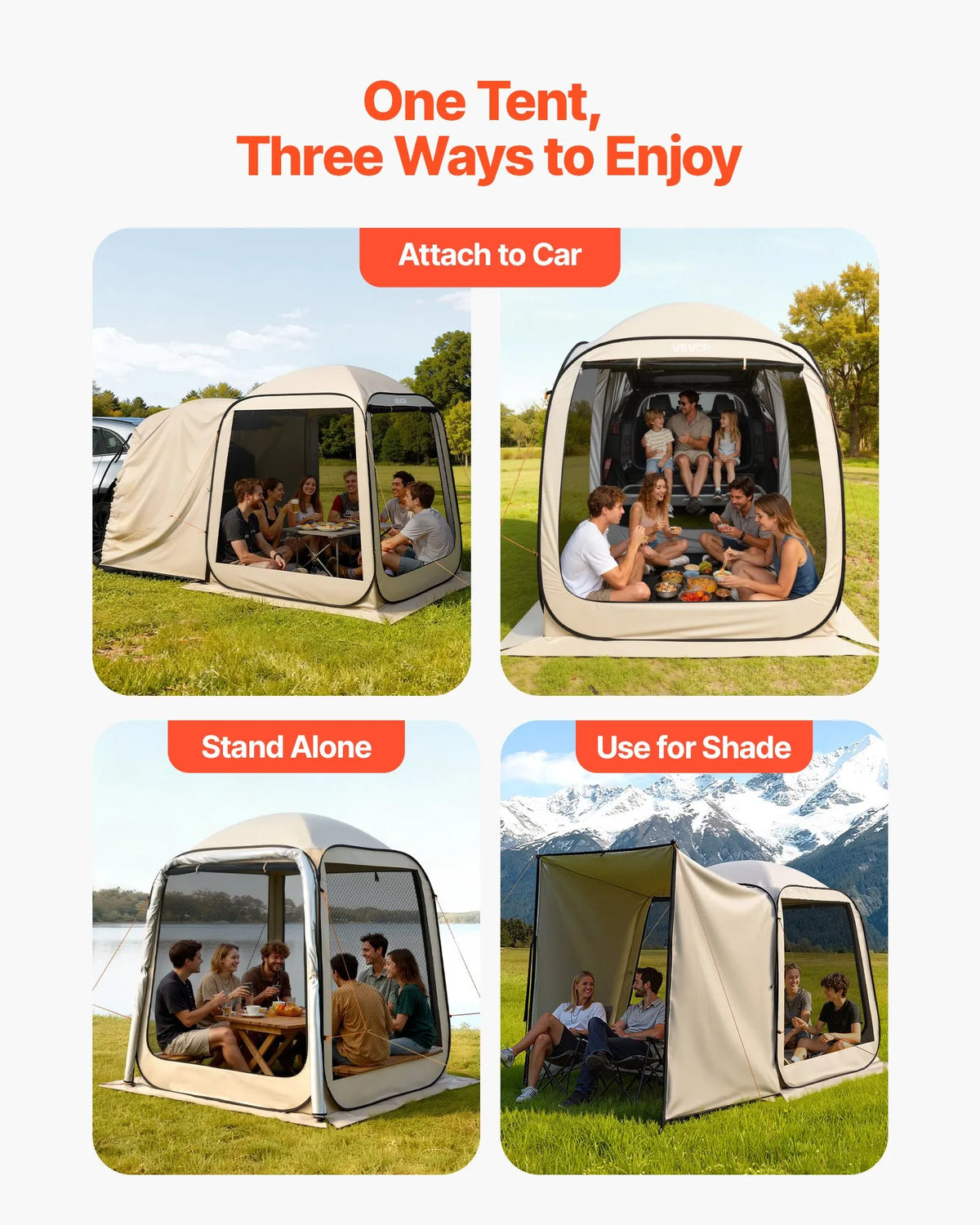 VEVOR sietveida lapene-telts SUV aizmugures durvīm, 183 × 183 × 220 cm, uznirstoša telts 4–6 personām, pārnēsājama nojume ar sieta sāniem un pārnēsāšanas somu, piemērota auto kempingam, dārzam un āra aktivitātēm, bēša