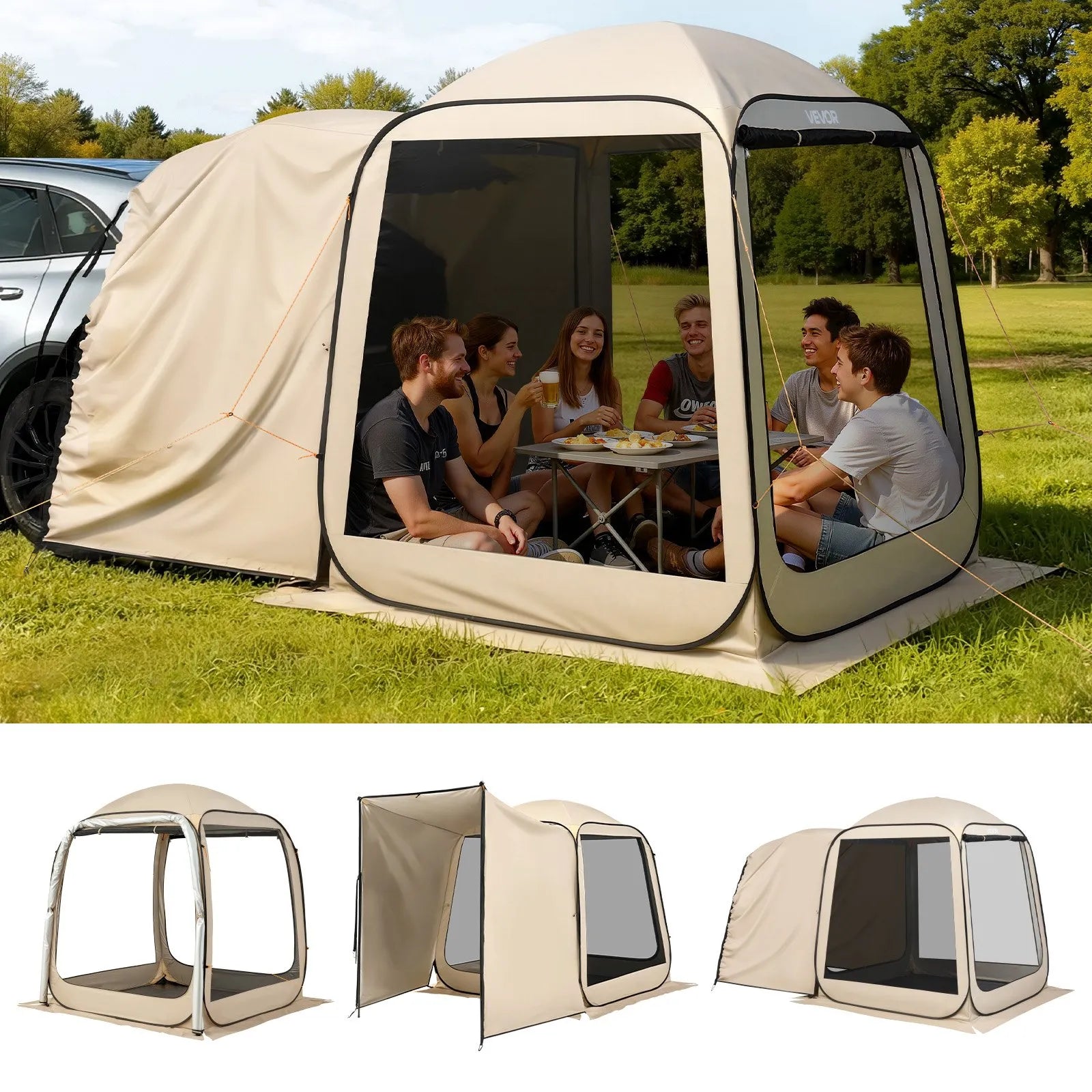 VEVOR sietveida lapene-telts, 303 × 265 × 230 cm, uznirstoša siettelts 4–8 personām, pārnēsājama nojume ar sieta sāniem, zemes mietiņiem un pārnēsāšanas somu, piemērota dārzam, terasei un āra aktivitātēm, bēša
