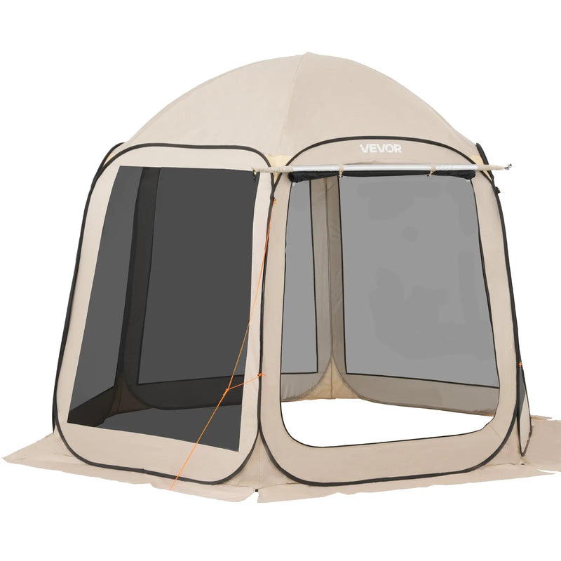 VEVOR sietveida lapene-telts, 303 × 265 × 230 cm, uznirstoša ekrāna telts 4–8 personām ar pagarinātu nojumīti, pārnēsājama nojume ar sieta sāniem un pārnēsāšanas somu, piemērota terasei un āra aktivitātēm, bēša
