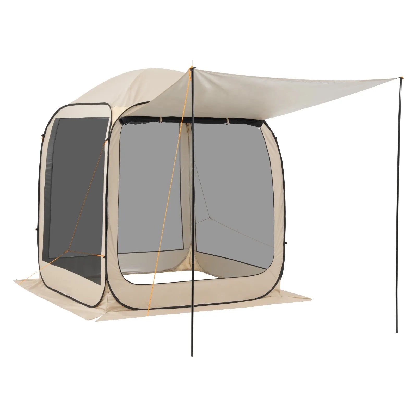 VEVOR sietveida lapene-telts, 183 × 183 × 220 cm, uznirstoša siettelts 4–6 personām ar pagarinātu nojumīti, pārnēsājama nojume ar sieta sāniem un pārnēsāšanas somu, piemērota terasei un āra aktivitātēm, bēša