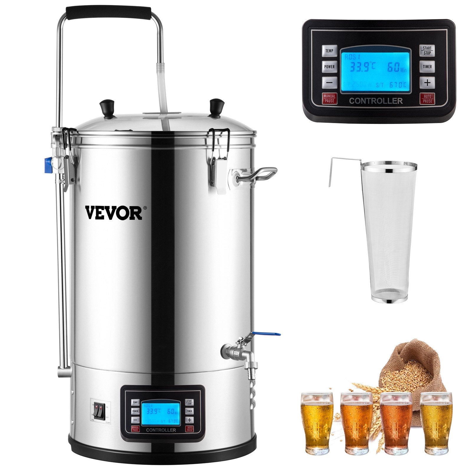30L VEVOR elektriskā alus brūvēšanas sistēma, 200–2500W, 25–100°C, ar auto/manuālo režīmu, taimeri, cirkulācijas sūkni un receptes atmiņu, 220V