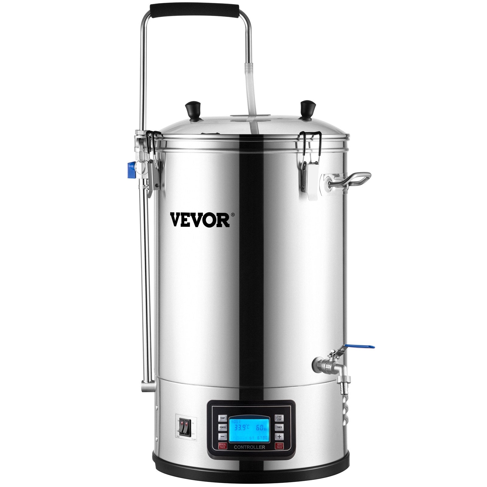 30L VEVOR elektriskā alus brūvēšanas sistēma, 200–2500W, 25–100°C, ar auto/manuālo režīmu, taimeri, cirkulācijas sūkni un receptes atmiņu, 220V