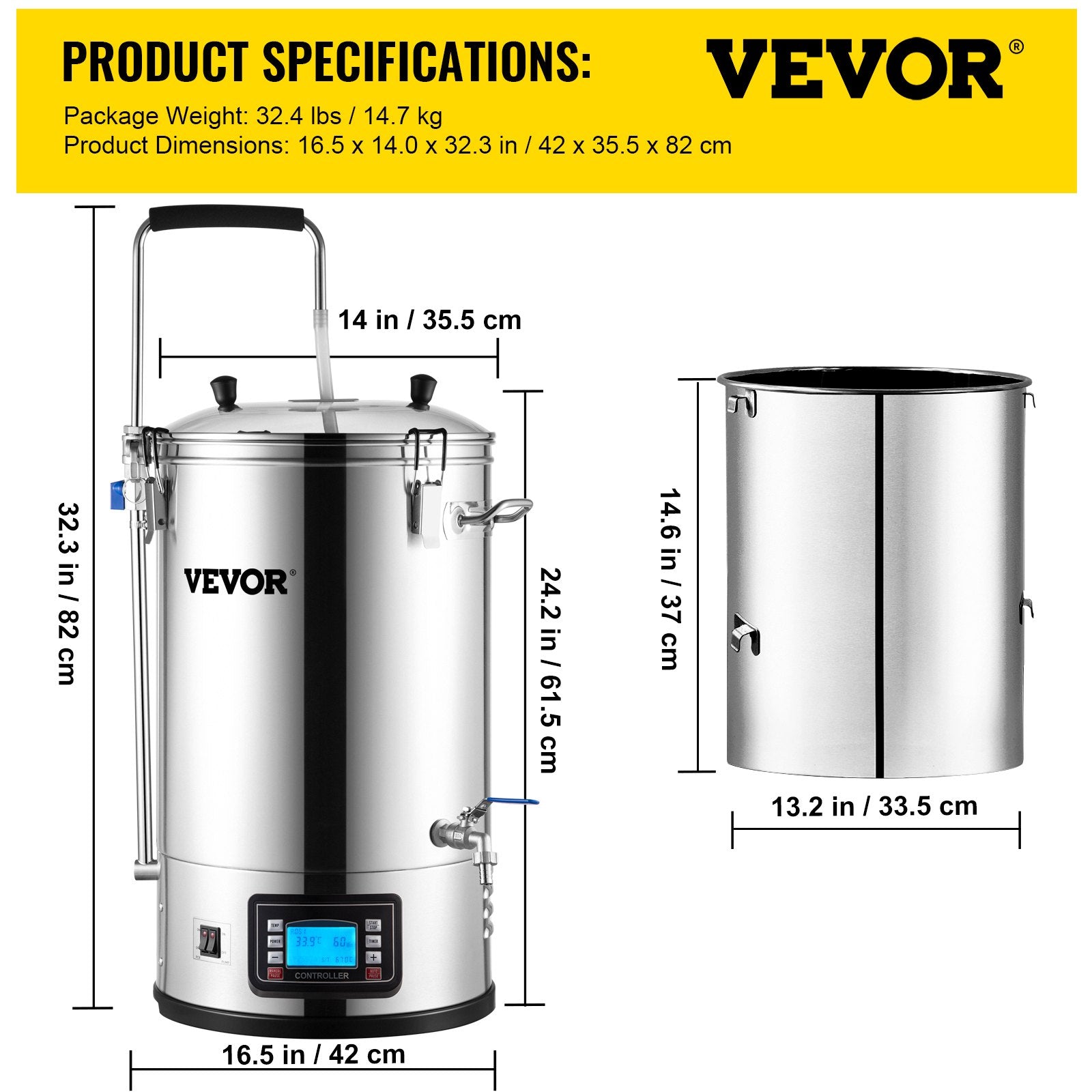 30L VEVOR elektriskā alus brūvēšanas sistēma, 200–2500W, 25–100°C, ar auto/manuālo režīmu, taimeri, cirkulācijas sūkni un receptes atmiņu, 220V