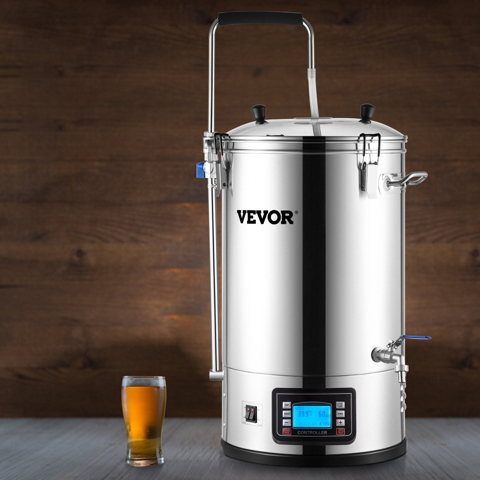 30L VEVOR elektriskā alus brūvēšanas sistēma, 200–2500W, 25–100°C, ar auto/manuālo režīmu, taimeri, cirkulācijas sūkni un receptes atmiņu, 220V
