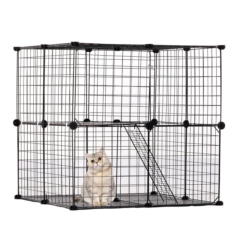 VEVOR liels divstāvu metāla stiepļu kaķu voljers 71 × 71 × 71 cm ar rampu un regulējamu atpūtas platformu, piemērots lietošanai telpās un ārā maziem dzīvniekiem, melnā krāsā