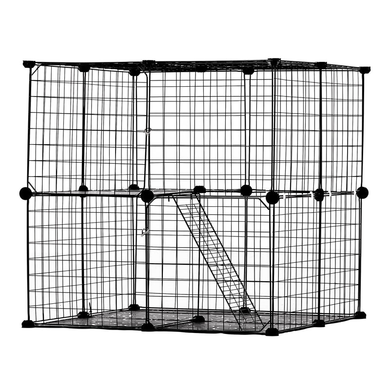 VEVOR liels divstāvu metāla stiepļu kaķu voljers 71 × 71 × 71 cm ar rampu un regulējamu atpūtas platformu, piemērots lietošanai telpās un ārā maziem dzīvniekiem, melnā krāsā