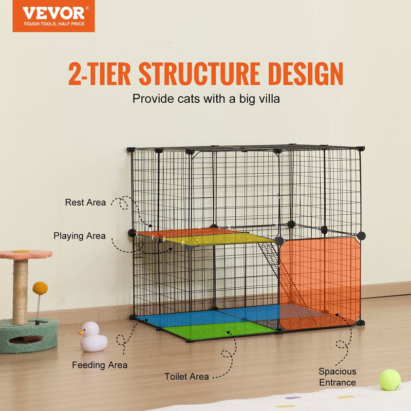 VEVOR liels divstāvu metāla stiepļu kaķu voljers 71 × 71 × 71 cm ar rampu un regulējamu atpūtas platformu, piemērots lietošanai telpās un ārā maziem dzīvniekiem, melnā krāsā