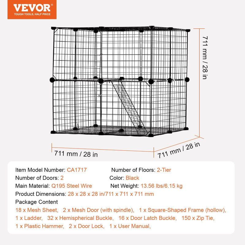VEVOR liels divstāvu metāla stiepļu kaķu voljers 71 × 71 × 71 cm ar rampu un regulējamu atpūtas platformu, piemērots lietošanai telpās un ārā maziem dzīvniekiem, melnā krāsā