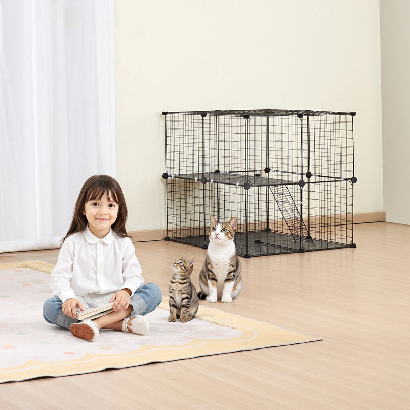 VEVOR liels divstāvu metāla stiepļu kaķu voljers 71 × 71 × 71 cm ar rampu un regulējamu atpūtas platformu, piemērots lietošanai telpās un ārā maziem dzīvniekiem, melnā krāsā