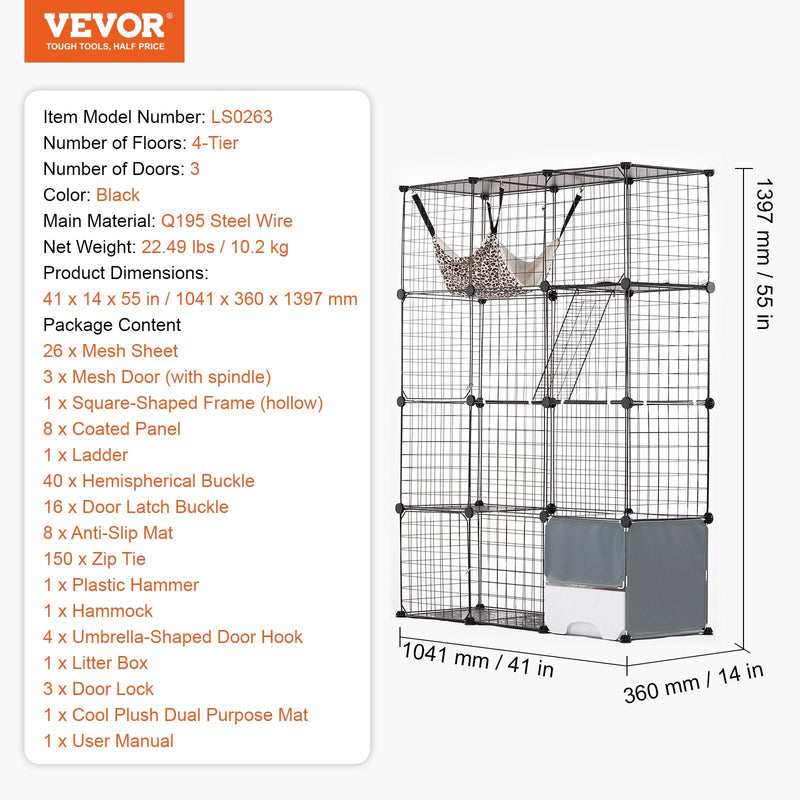 VEVOR liels 4-stāvu kaķu būris 104 x 36 x 140 cm metāla stieples būris ar šūpuļkrēslu