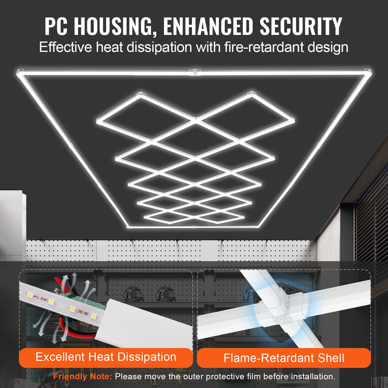 VEVOR kvadrātveida LED garāžas apgaismojums, 88 000 lm, 14 sekciju spilgts apgaismojums auto detaļu darbnīcām, 4840 x 2433 x 42 mm, auksti balta gaisma 6500K