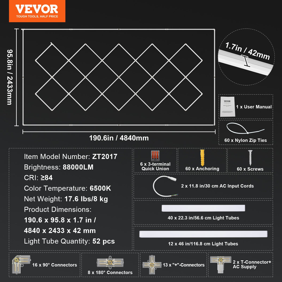 VEVOR kvadrātveida LED garāžas apgaismojums, 88 000 lm, 14 sekciju spilgts apgaismojums auto detaļu darbnīcām, 4840 x 2433 x 42 mm, auksti balta gaisma 6500K