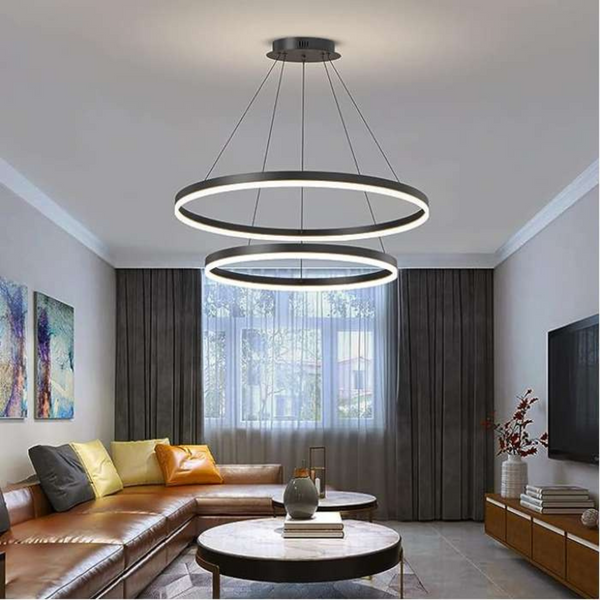 2 Ring Led Round Ceiling Chandelier Black 400+200mm 30W (3400Lm) With Remote Control And Application