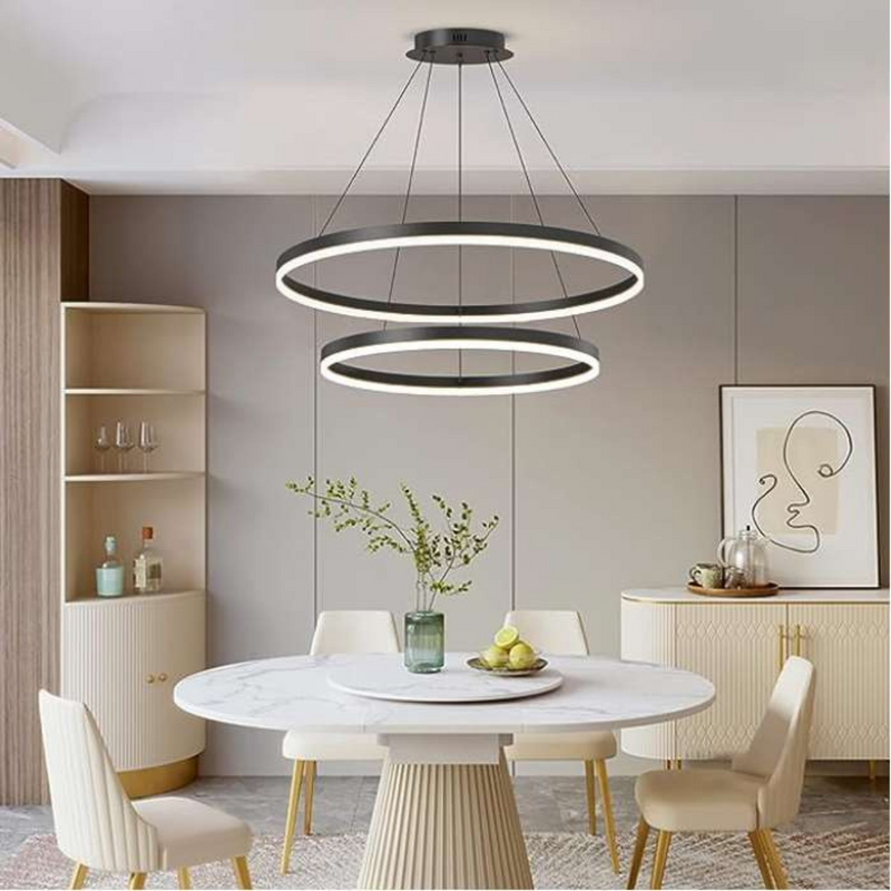 2 Ring Led Round Ceiling Chandelier Black 600+400mm 50W (6000Lm) With Remote Control And Application