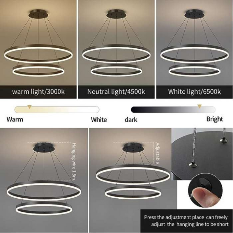2 Ring Led Round Ceiling Chandelier Black 600+400mm 50W (6000Lm) With Remote Control And Application