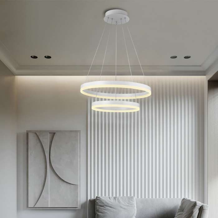 2 Ring Led Round Ceiling Chandelier White 800+600mm 70W (8400Lm) With Remote Control And Application