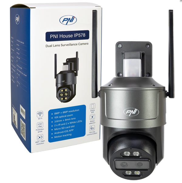 Video novērošanas kamera PNI House IP578 ar Wi-Fi, PTZ, dubultā lēca 8 MP + 8 MP, 10x optiskā tālummaiņa