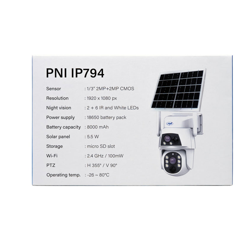 Камера видеонаблюдения PNI IP794 с Wi-Fi, PTZ, двумя объективами 2Мп + 2Мп, солнечной панелью 5,5Вт, аккумулятором 8000мАч.