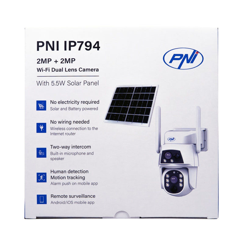 Камера видеонаблюдения PNI IP794 с Wi-Fi, PTZ, двумя объективами 2Мп + 2Мп, солнечной панелью 5,5Вт, аккумулятором 8000мАч.