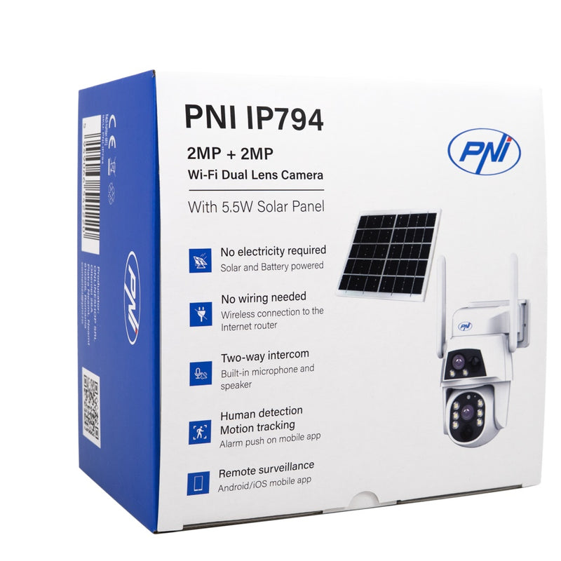 Камера видеонаблюдения PNI IP794 с Wi-Fi, PTZ, двумя объективами 2Мп + 2Мп, солнечной панелью 5,5Вт, аккумулятором 8000мАч.
