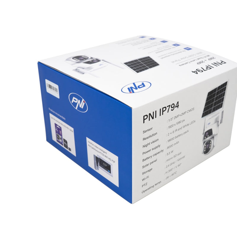 Камера видеонаблюдения PNI IP794 с Wi-Fi, PTZ, двумя объективами 2Мп + 2Мп, солнечной панелью 5,5Вт, аккумулятором 8000мАч.