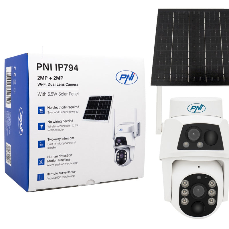 Камера видеонаблюдения PNI IP794 с Wi-Fi, PTZ, двумя объективами 2Мп + 2Мп, солнечной панелью 5,5Вт, аккумулятором 8000мАч.