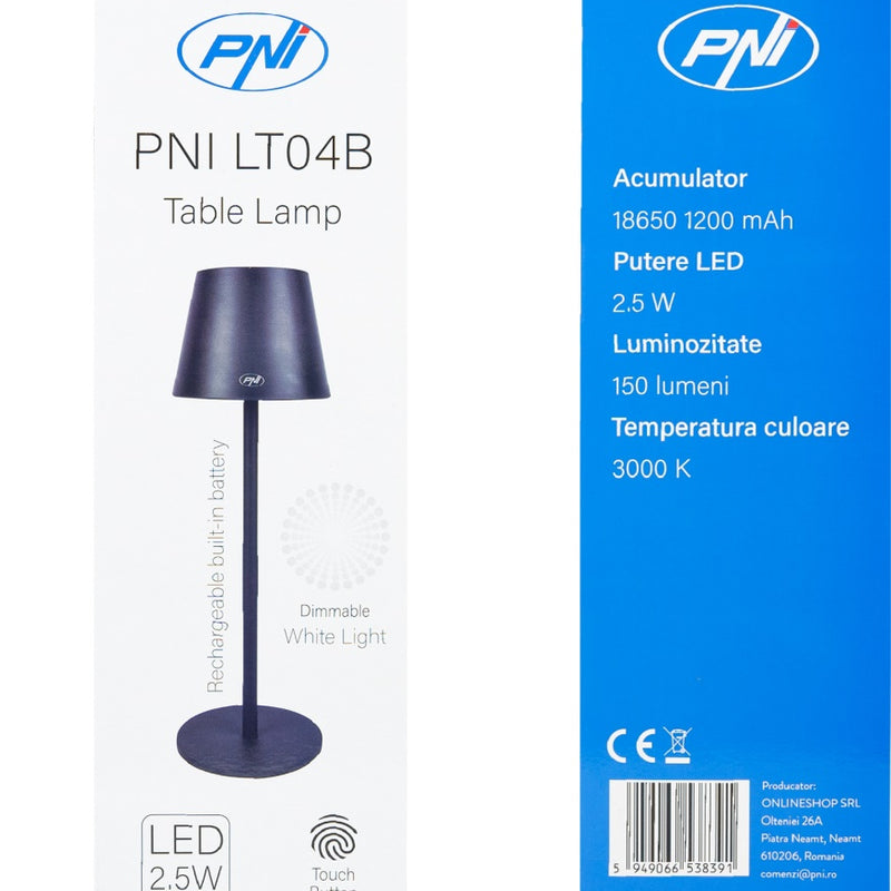 PNI LED desk lamp, 2.5 W, 1200 mAh battery, USB-C charging, 150 lm, warm white 3000 K, black