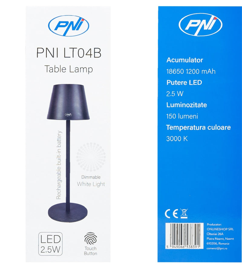 PNI LED desk lamp, 2.5 W, 1200 mAh battery, USB-C charging, 150 lm, warm white 3000 K, black