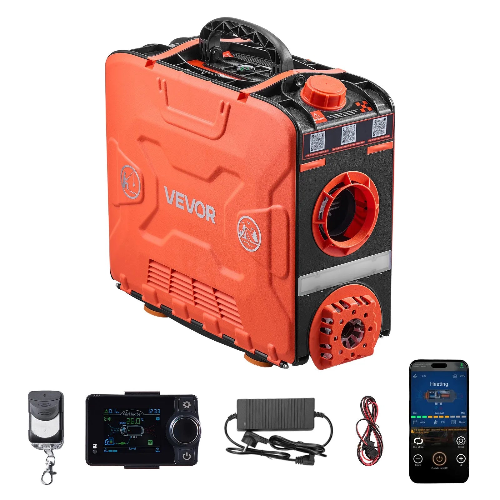 VEVOR 8 kW pārnēsājams dīzeļdegvielas gaisa sildītājs ar 12 V barošanu, integrētu konstrukciju, Bluetooth lietotnes vadību, tālvadības pulti un LCD ekrānu, 4,5 L degvielas tvertni, piemērots automašīnām, busiem, kemperiem un garāžām