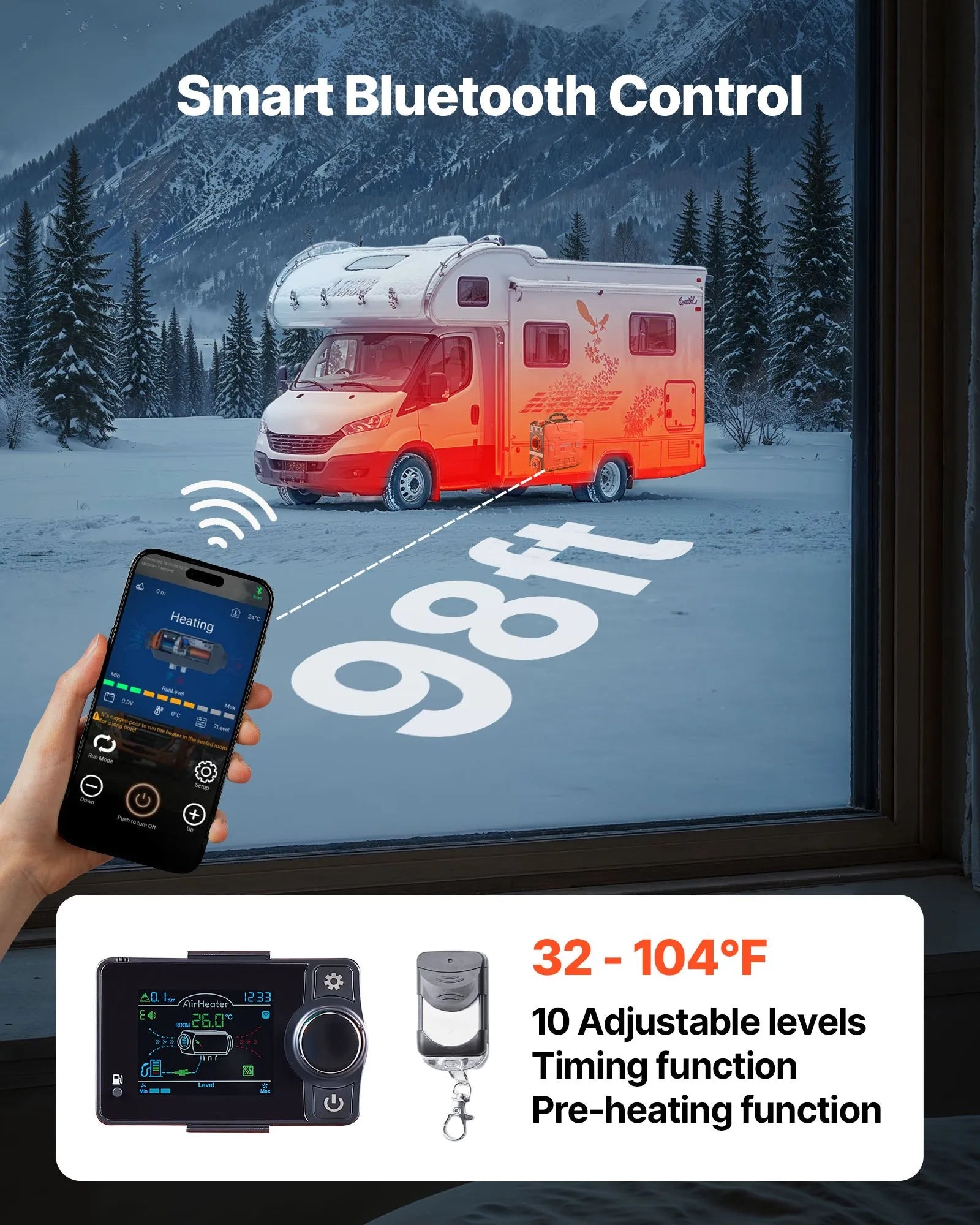 VEVOR 8 kW pārnēsājams dīzeļdegvielas gaisa sildītājs ar 12 V barošanu, integrētu konstrukciju, Bluetooth lietotnes vadību, tālvadības pulti un LCD ekrānu, 4,5 L degvielas tvertni, piemērots automašīnām, busiem, kemperiem un garāžām