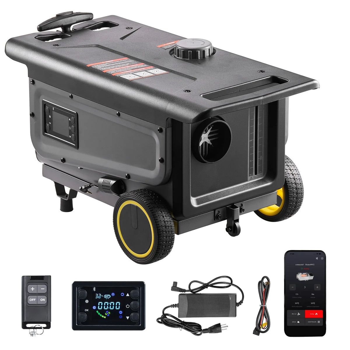 VEVOR portatīvais dīzeļsildītājs 8 kW, DC 12V ar Bluetooth lietotni, tālvadības pulti un LCD ekrānu, integrētā konstrukcija ar ratiņu dizainu un 5 L degvielas tvertni kravas auto, furgoniem, kemperiem un treileriem