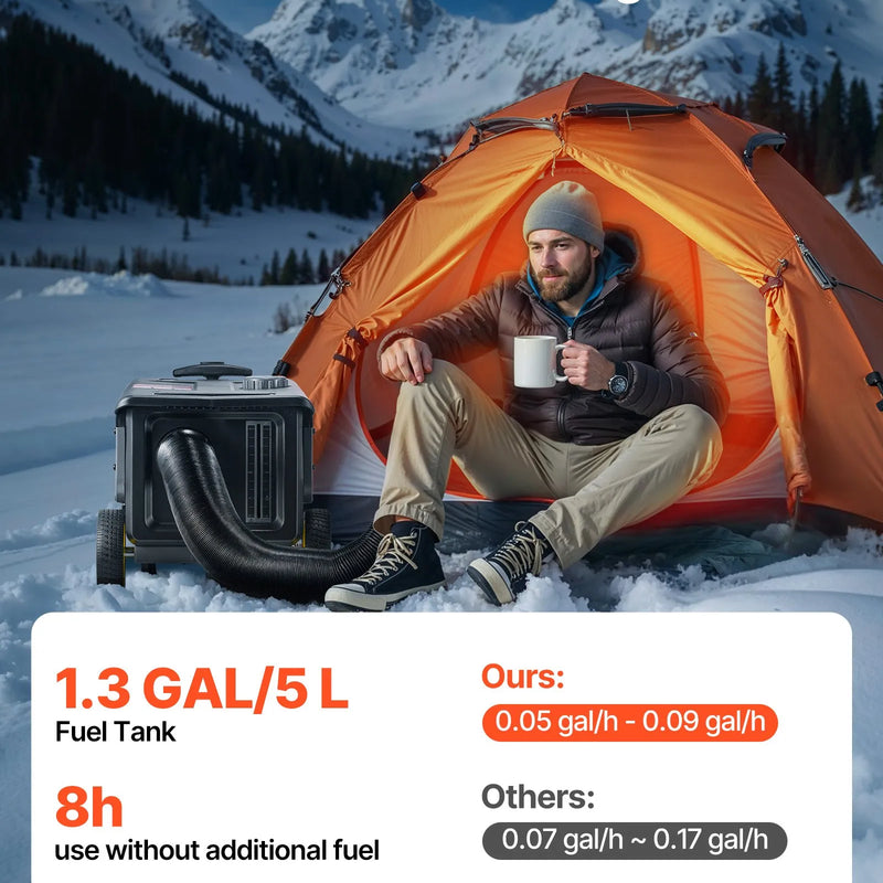 VEVOR portatīvais dīzeļsildītājs 8 kW, DC 12V ar Bluetooth lietotni, tālvadības pulti un LCD ekrānu, integrētā konstrukcija ar ratiņu dizainu un 5 L degvielas tvertni kravas auto, furgoniem, kemperiem un treileriem