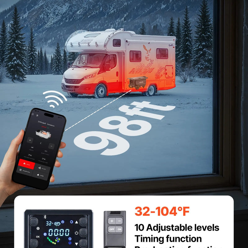 VEVOR portatīvais dīzeļsildītājs 8 kW, DC 12V ar Bluetooth lietotni, tālvadības pulti un LCD ekrānu, integrētā konstrukcija ar ratiņu dizainu un 5 L degvielas tvertni kravas auto, furgoniem, kemperiem un treileriem