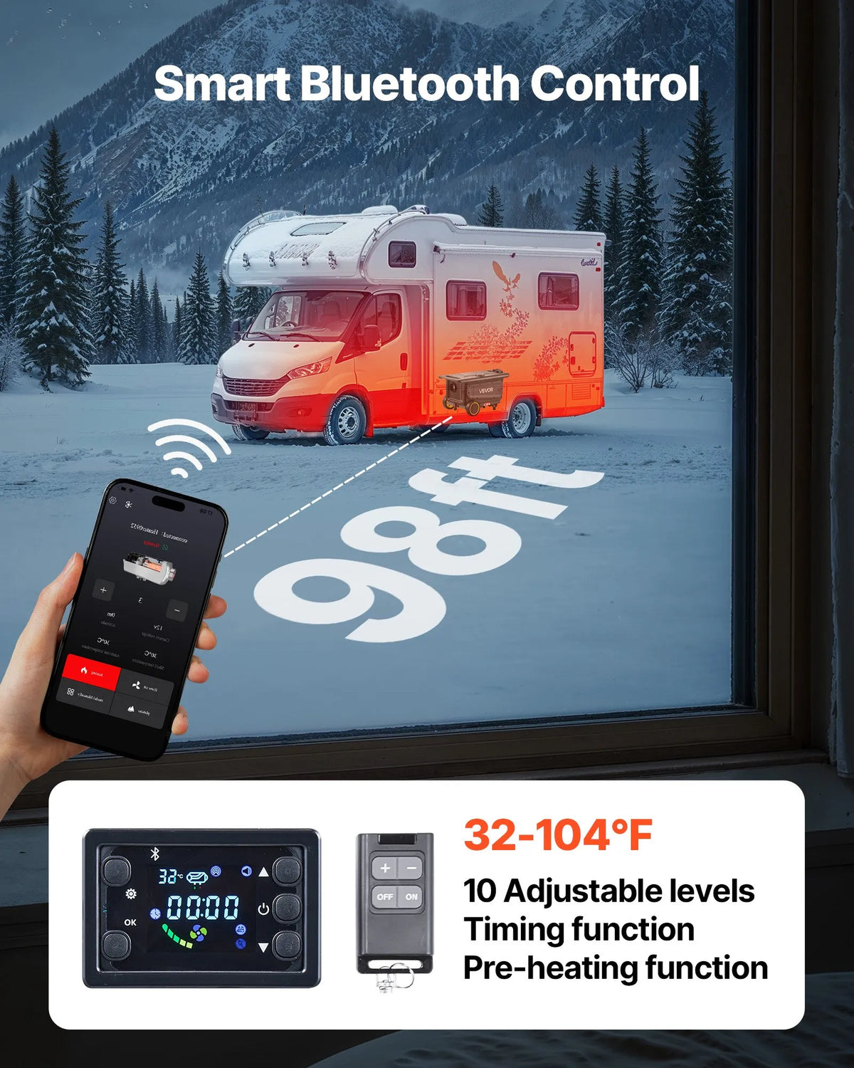 VEVOR portatīvais dīzeļsildītājs 8 kW, DC 12V ar Bluetooth lietotni, tālvadības pulti un LCD ekrānu, integrētā konstrukcija ar ratiņu dizainu un 5 L degvielas tvertni kravas auto, furgoniem, kemperiem un treileriem