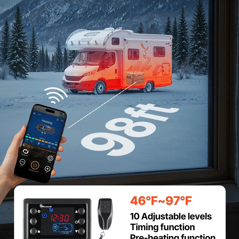 Dīzeļsildītājs 8 kW, 220V un 12/24 V, pārnēsājams viss vienā gaisa sildītājs ar Bluetooth vadību, tālvadības pulti, LCD ekrānu un 5 l degvielas tvertni, piemērots kravas automašīnām, furgoniem, kemperiem un garāžām