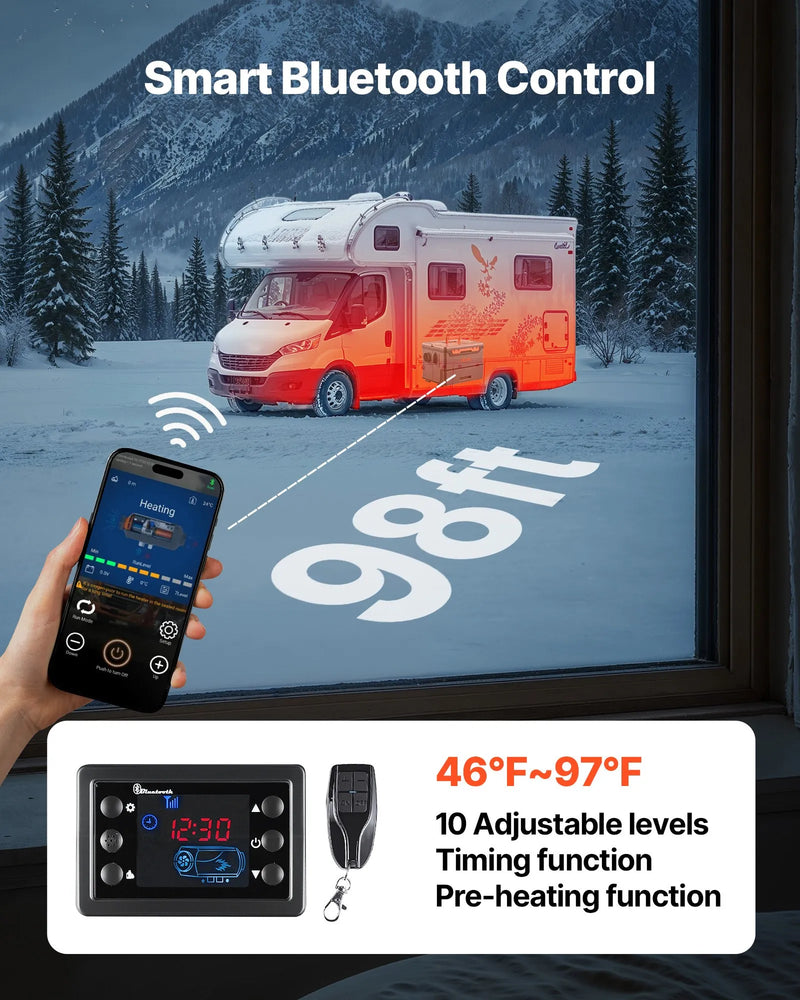 Dīzeļsildītājs 8 kW, 220V un 12/24 V, pārnēsājams viss vienā gaisa sildītājs ar Bluetooth vadību, tālvadības pulti, LCD ekrānu un 5 l degvielas tvertni, piemērots kravas automašīnām, furgoniem, kemperiem un garāžām