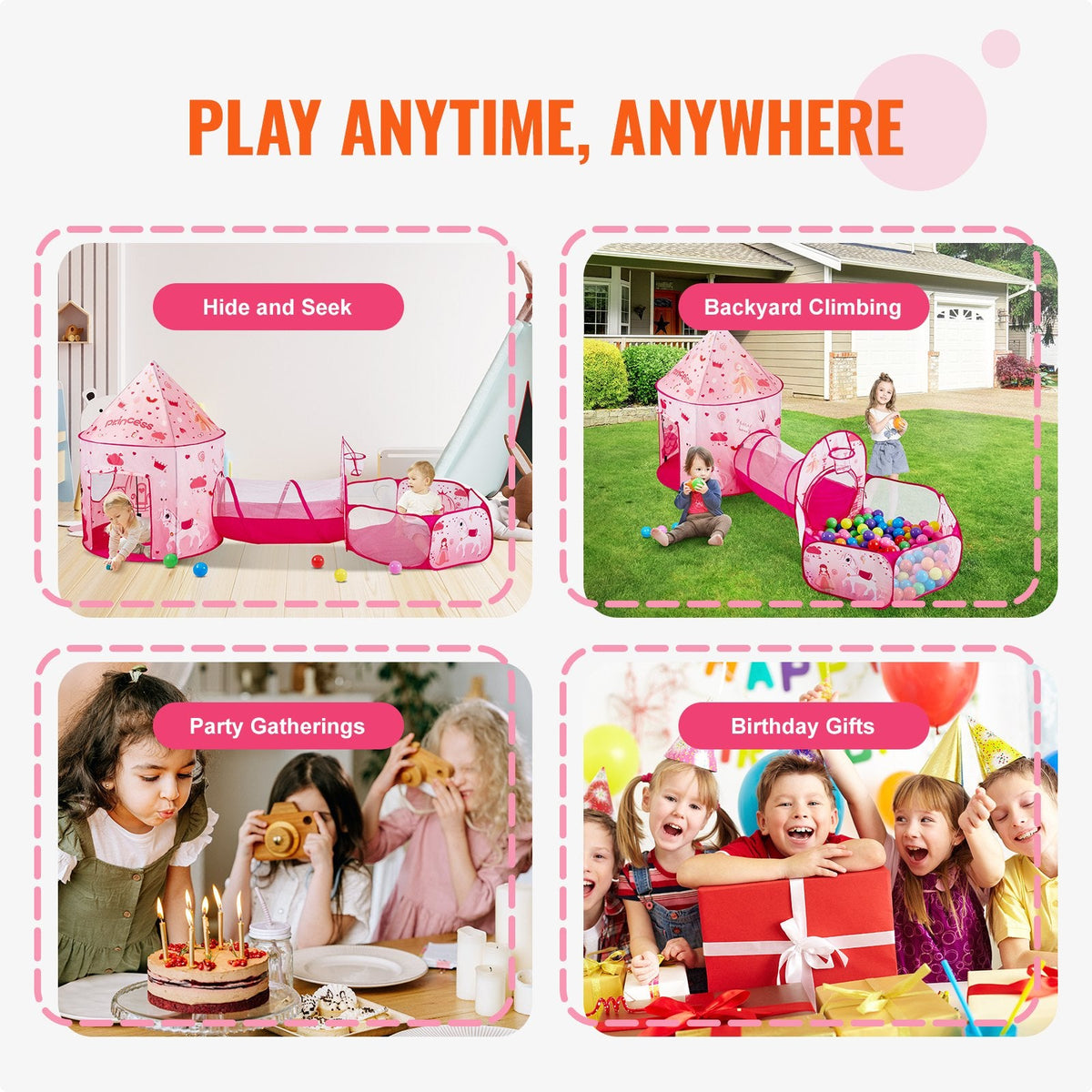 VEVOR 3 in 1 Bērnu Spēļu Telts ar Tuneli Meitenēm, Zēniem, Bērniem un Mazulim, Iekštelpu/Āra Pop-Up Spēļu Māja ar Pārnēsāšanas Somu un Siksnām