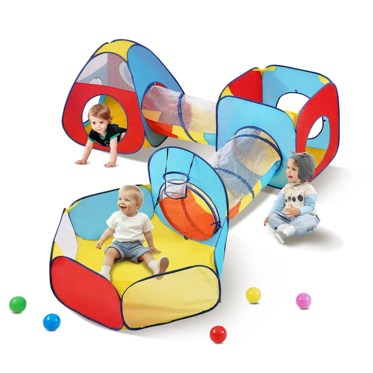 VEVOR 5-in-1 Bērnu Spēļu Telts ar Tuneli un Basketbola Grozu, Iekštelpu/Āra Pop-Up Spēļu Māja ar Pārnēsāšanas Somu un Siksnām, Sarkanā/Dzeltenā/Zilā Krāsā