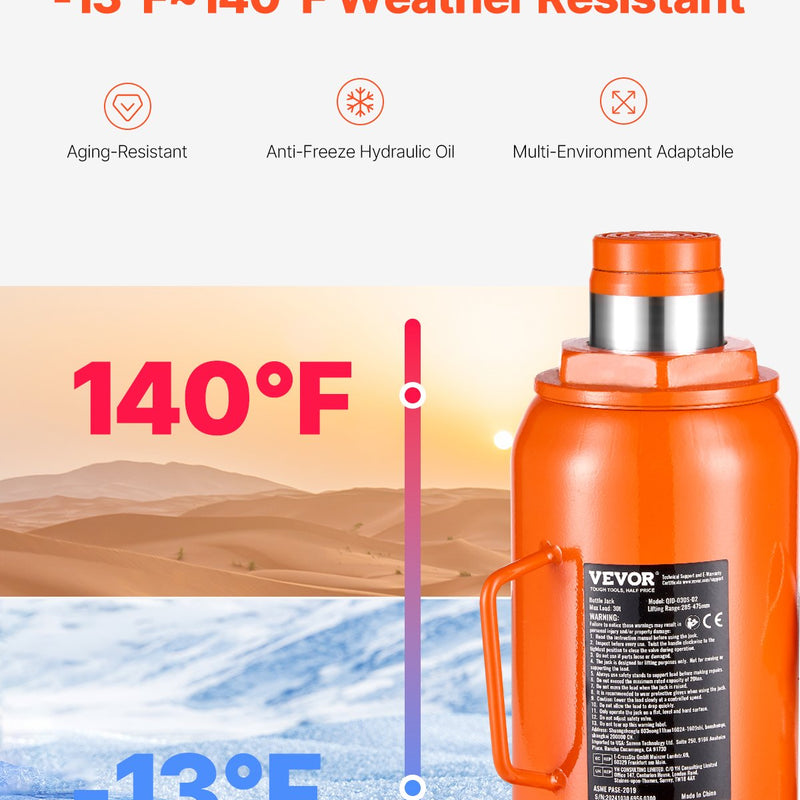 VEVOR Hidrauliskais pudeles domkrats 30 tonnas Manuāls augstais pacēlums automobiļu remonta darbnīcām